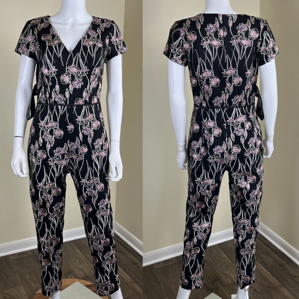 JS Collections Women's Size 6 Floral Embroidered Printed Crepe V-Neck Jumpsuit